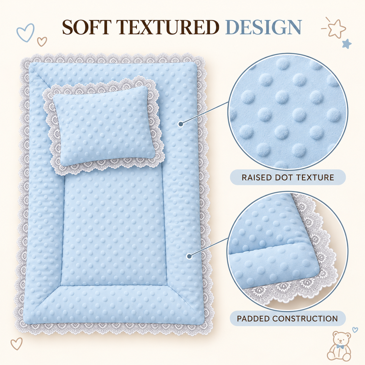 Little Beginnings Padded Baby Mat & Pillow Set, Cream, Lace Trim, 68 x 50 cm
