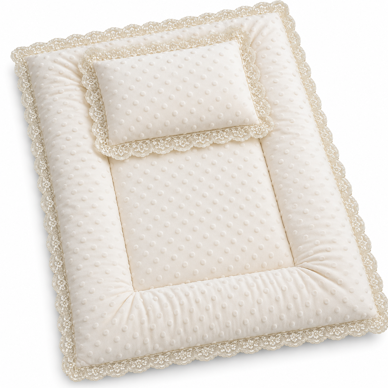 Little Beginnings Padded Baby Mat & Pillow Set, Cream, Lace Trim, 68 x 50 cm