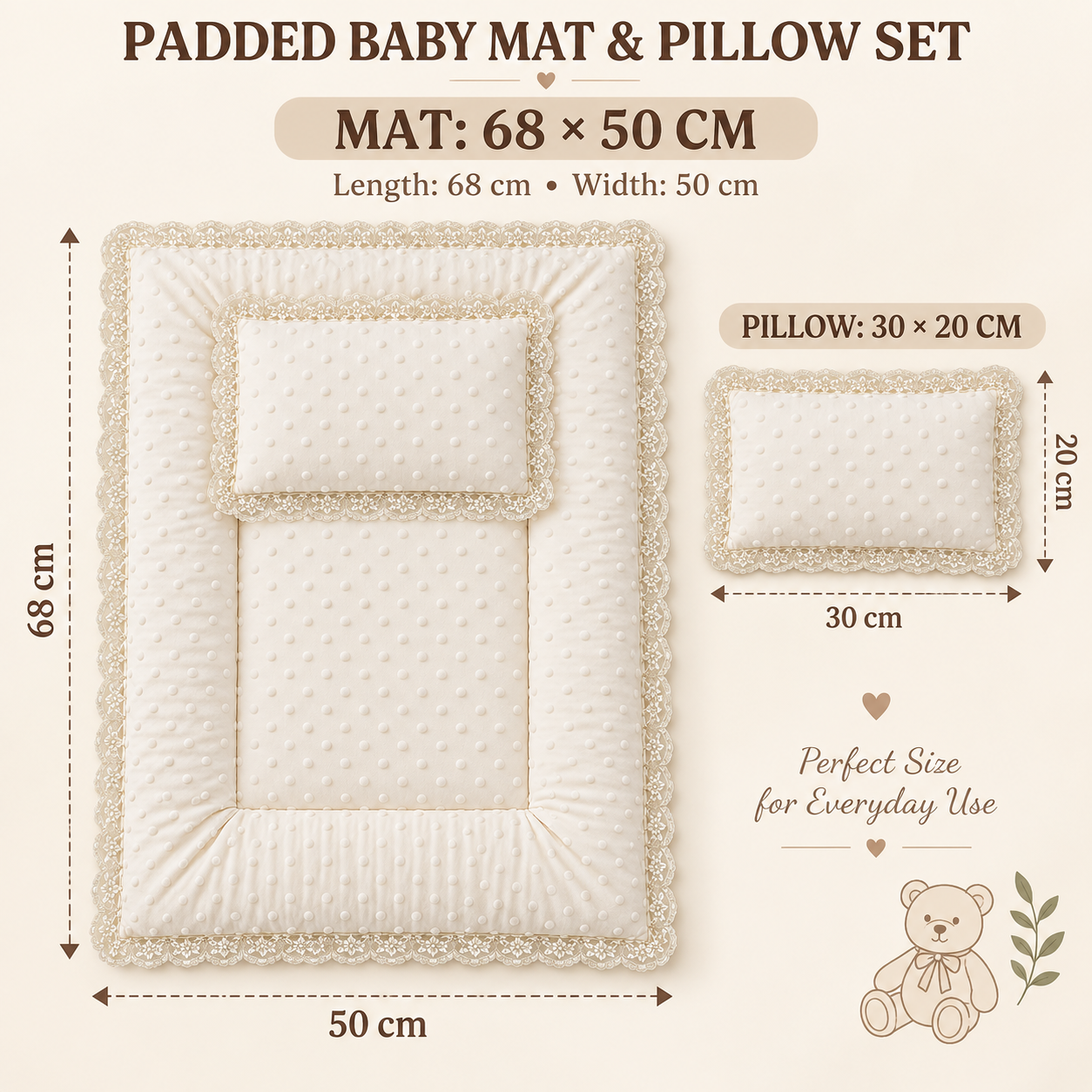 Little Beginnings Padded Baby Mat & Pillow Set, Cream, Lace Trim, 68 x 50 cm