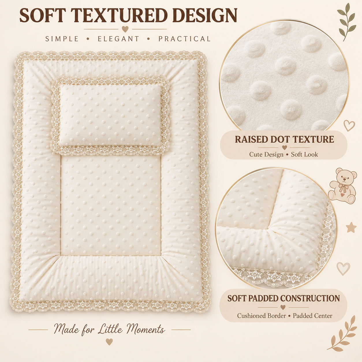 Little Beginnings Padded Baby Mat & Pillow Set, Cream, Lace Trim, 68 x 50 cm