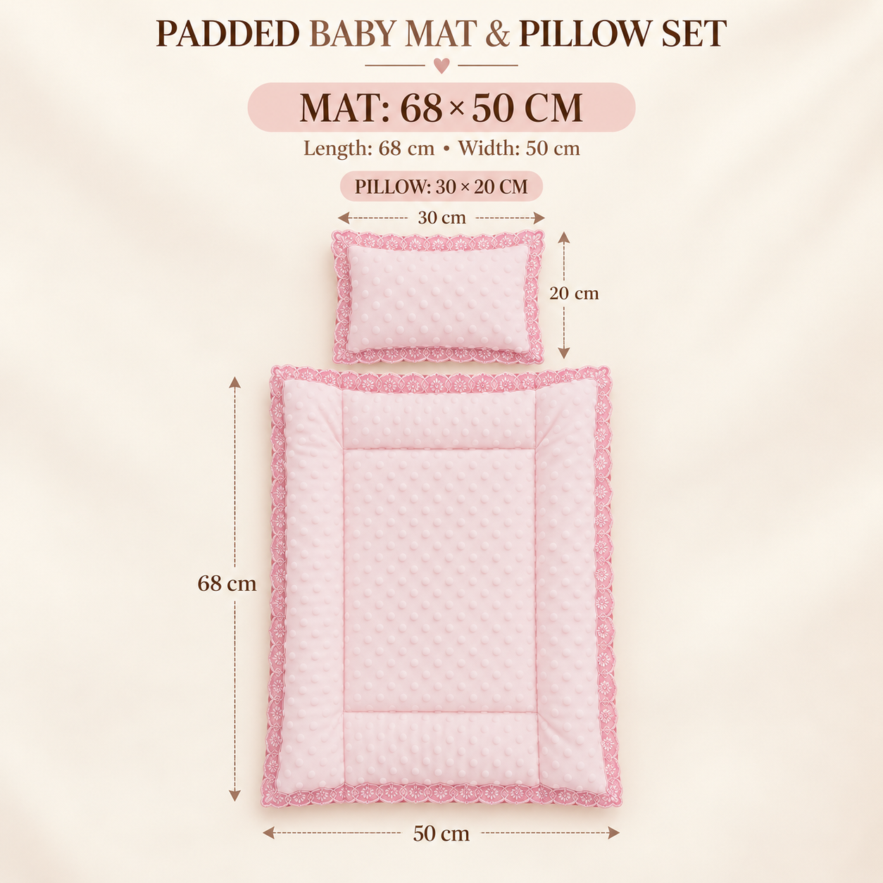 Little Beginnings Padded Baby Mat & Pillow Set, Light Pink, Lace Trim, 68 x 50 cm