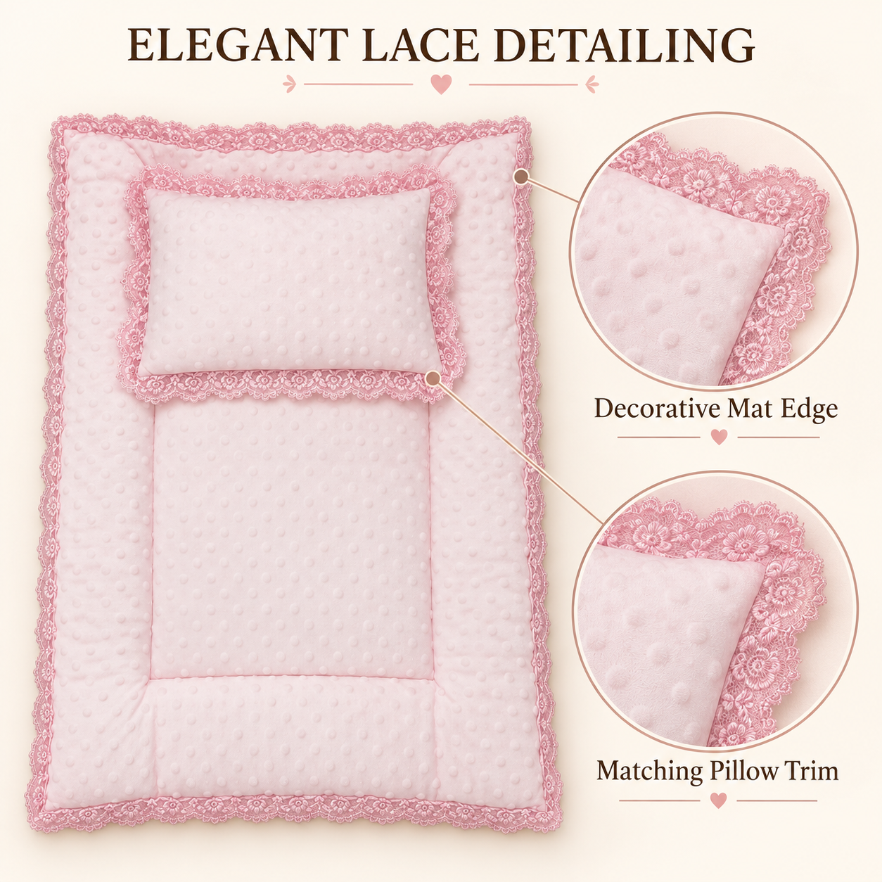 Little Beginnings Padded Baby Mat & Pillow Set, Light Pink, Lace Trim, 68 x 50 cm
