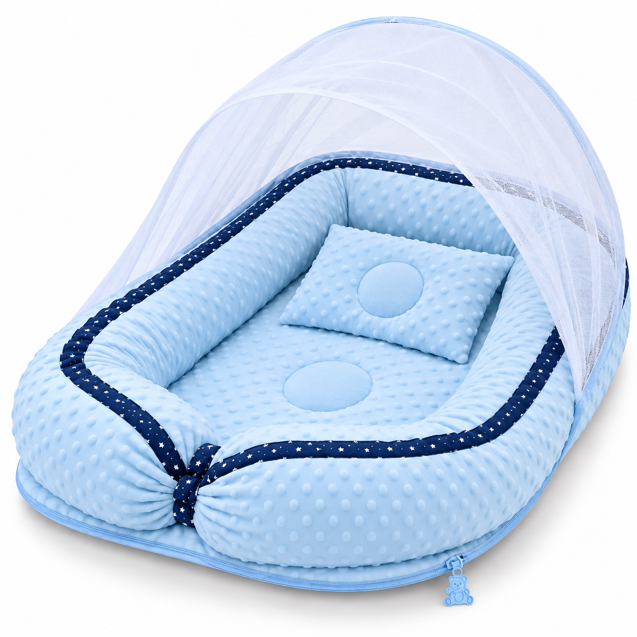 Little Beginnings Baby Nest Lounger with Mosquito Net Canopy & Pillow, 80x45cm - Blue