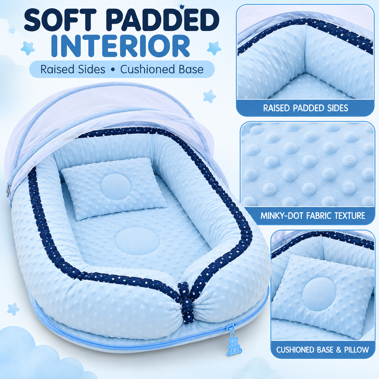 Little Beginnings Baby Nest Lounger with Mosquito Net Canopy & Pillow, 80x45cm - Blue
