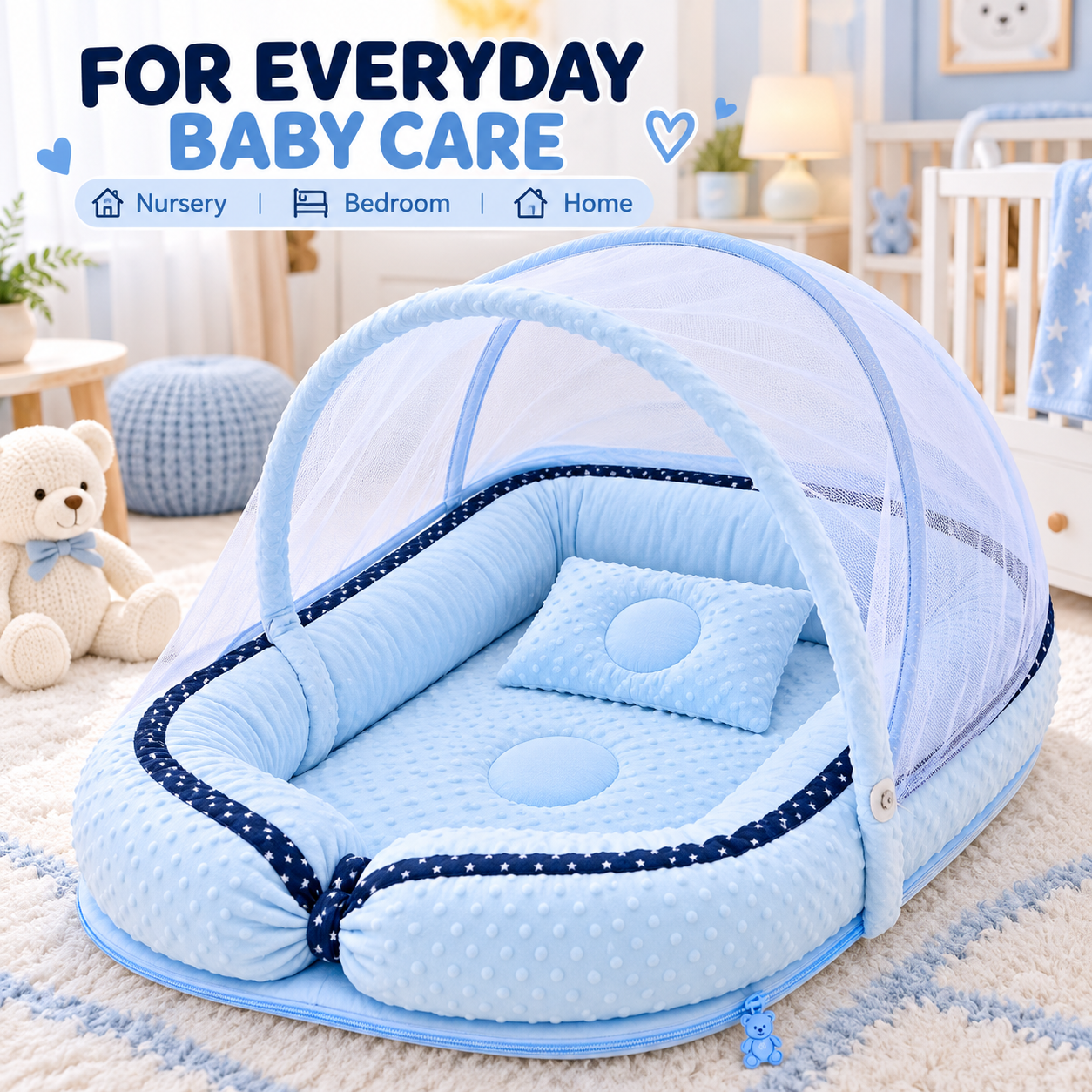 Little Beginnings Baby Nest Lounger with Mosquito Net Canopy & Pillow, 80x45cm - Blue