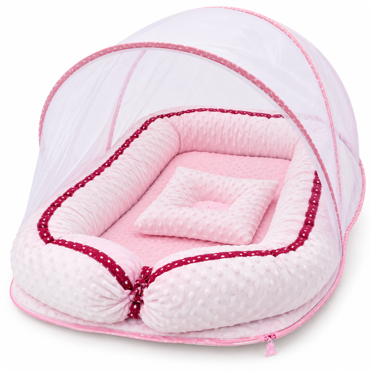 Little Beginnings Baby Nest Lounger with Mosquito Net Canopy & Pillow, 80x45cm - Pink