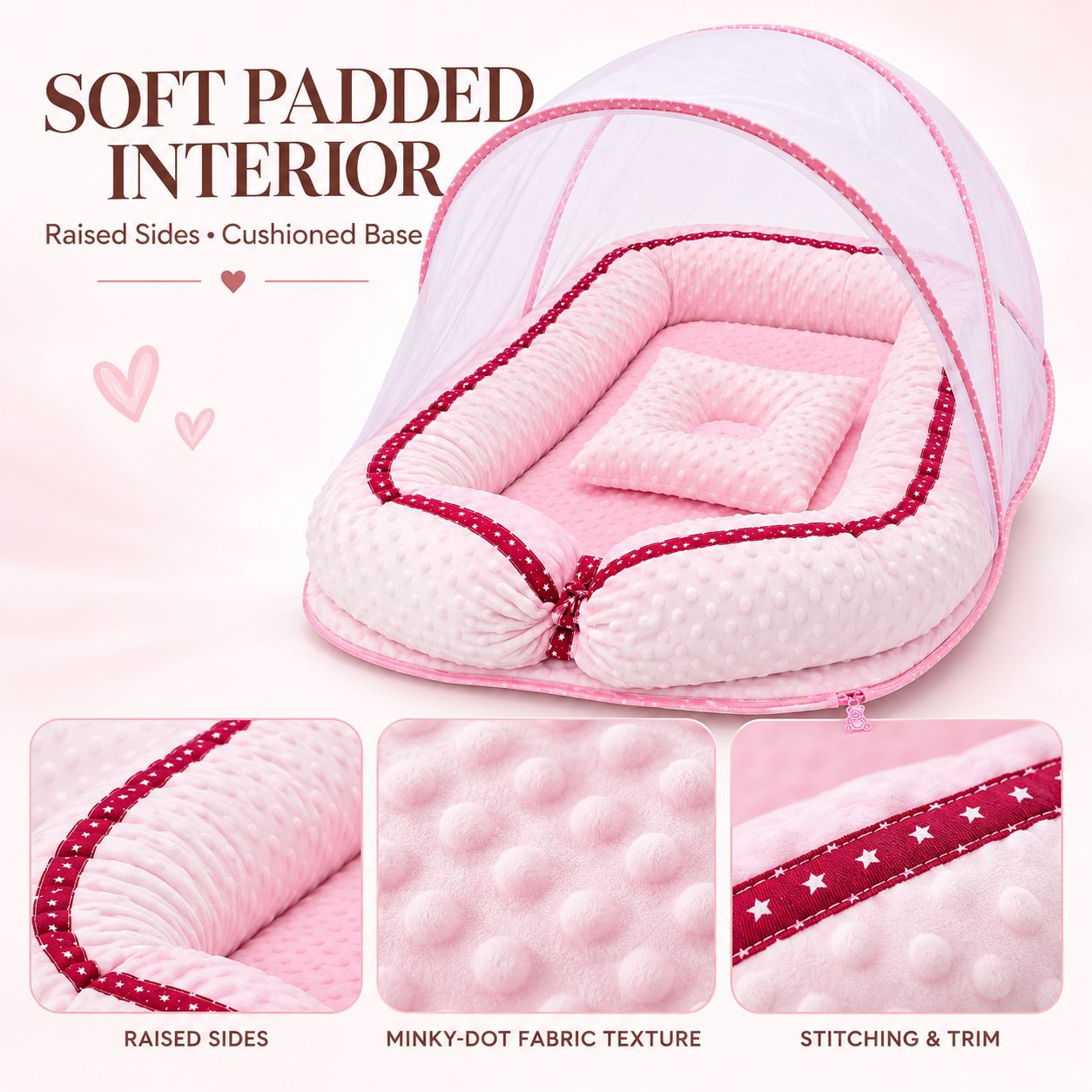Little Beginnings Baby Nest Lounger with Mosquito Net Canopy & Pillow, 80x45cm - Pink