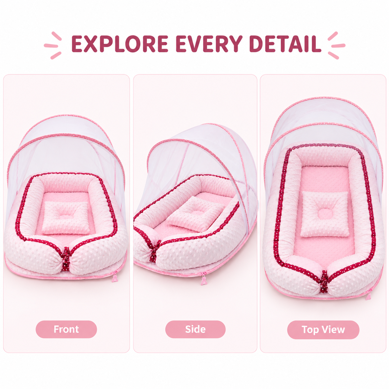 Little Beginnings Baby Nest Lounger with Mosquito Net Canopy & Pillow, 80x45cm - Pink