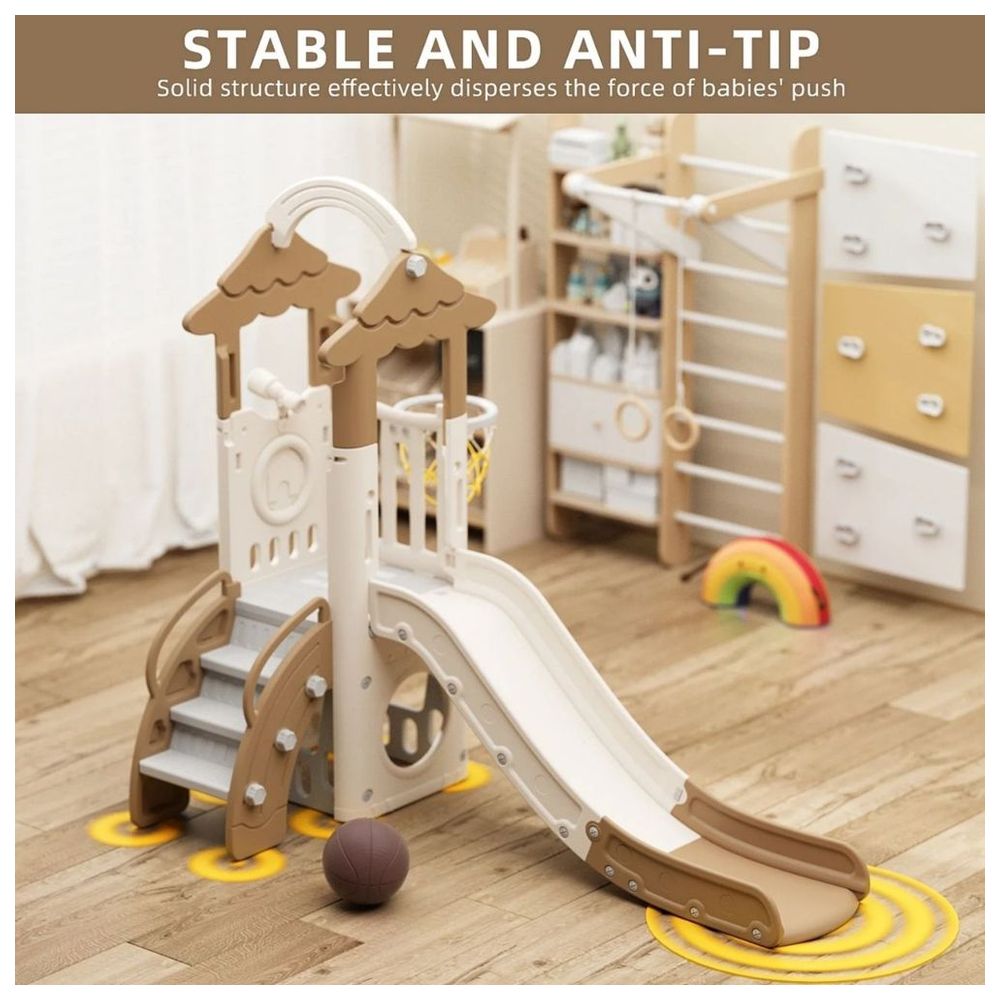 Little Angel Kids Slide, Climber & Basketball Hoop - Coffee