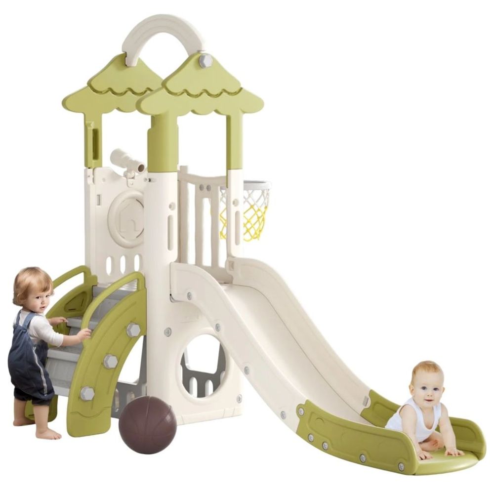 Little Angel Kids Slide, Climber & Basketball Hoop - Green