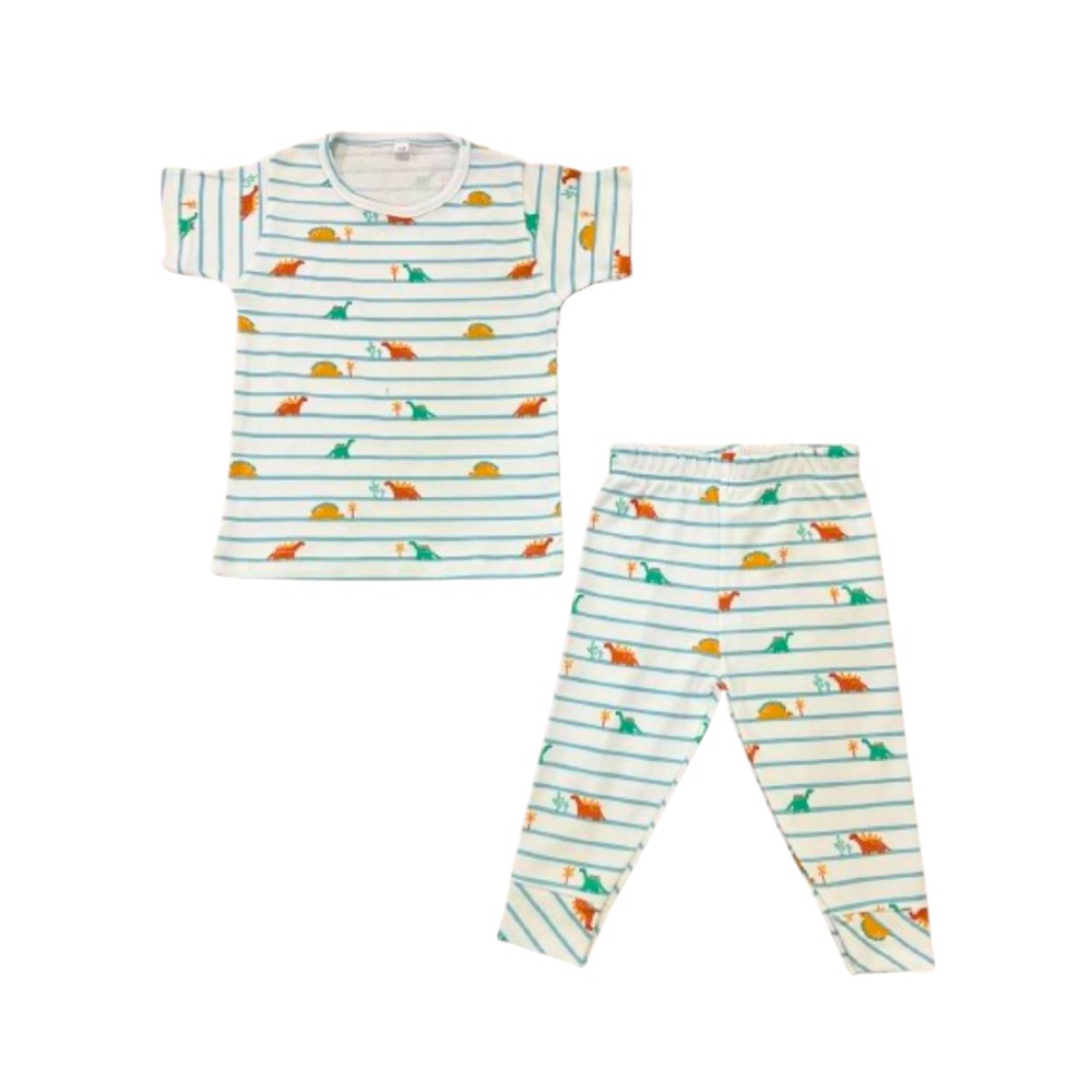 Veronica Pyjama Set Striped Dinosaur Print 2 Pcs - White