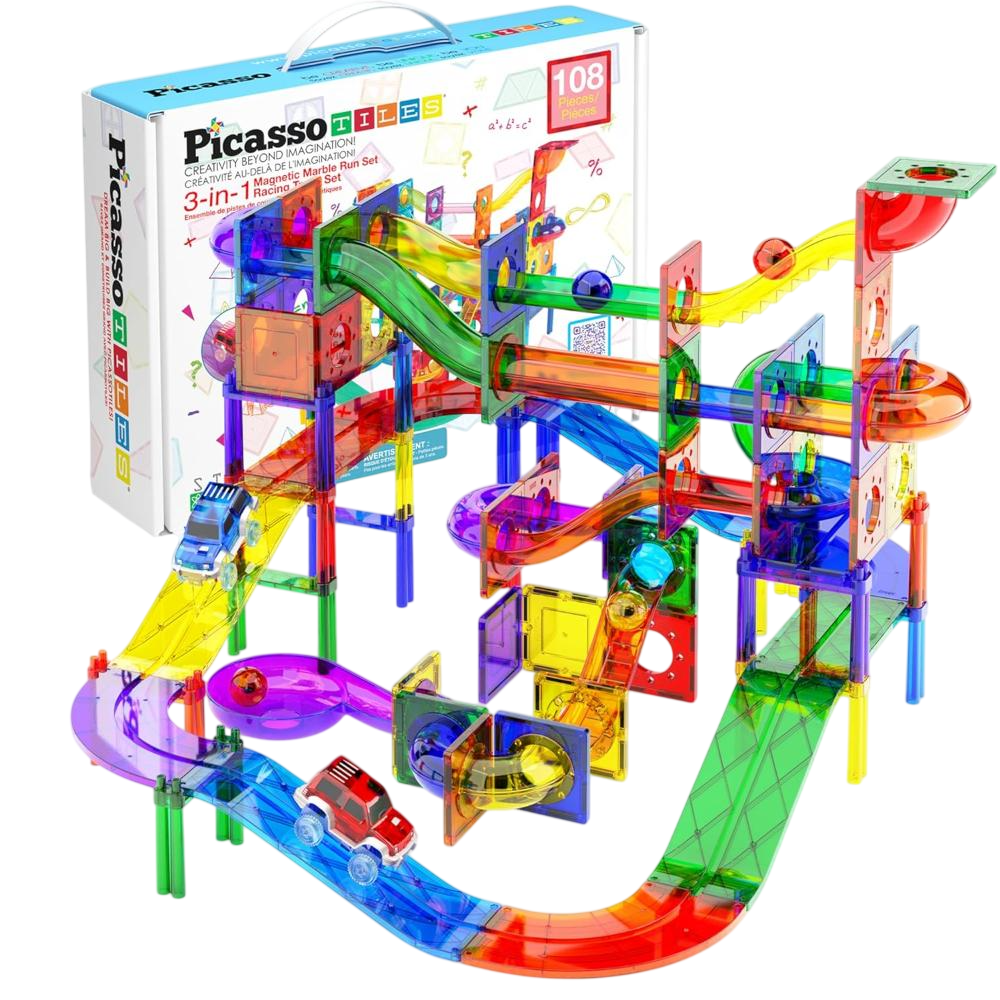 Picasso Tiles 3-In-1 Magnetic Marble Run & Race Track Set - Multicolor - 108 Pcs