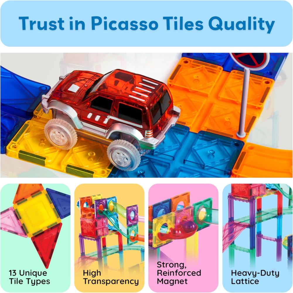 Picasso Tiles 3-In-1 Magnetic Marble Run & Race Track Set - Multicolor - 108 Pcs