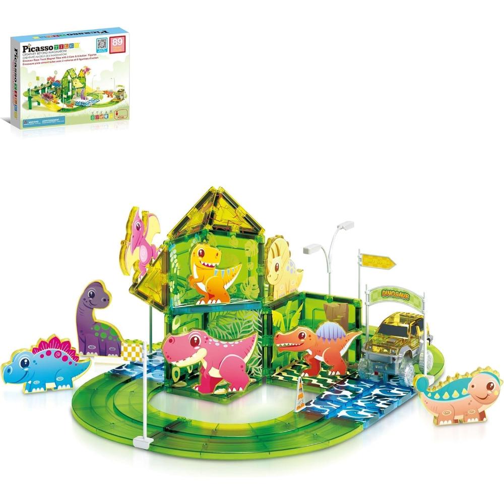 Picasso Tiles Dinosaur Race Track Magnetic Building Block Set - Multicolor - 89 Pcs