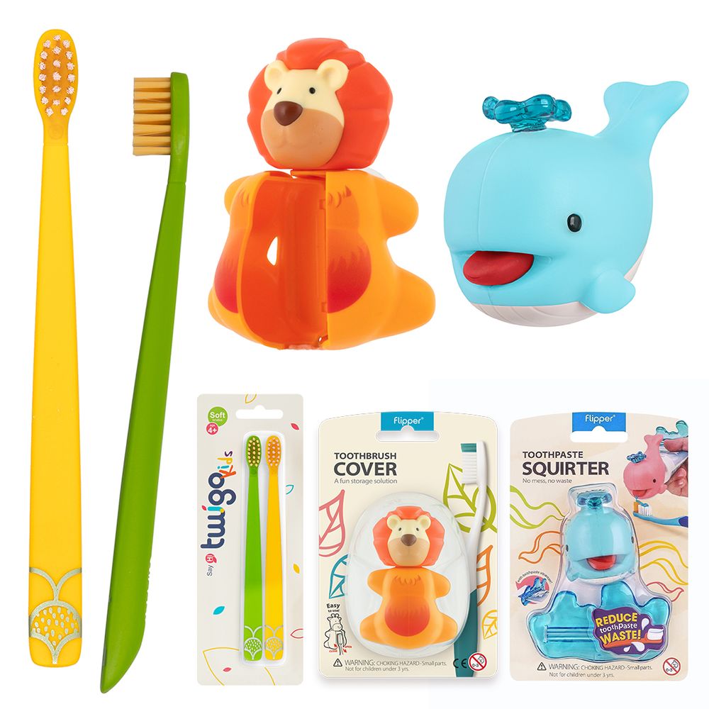 Flipper - Fun Animal Toothbrush With Cover & Toothpaste Squirter Set - Lion/Whale - 4 Pcs