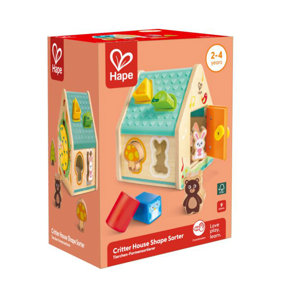 Hape - Wooden Critter Animal House Shape Sorter Toy - 9pcs