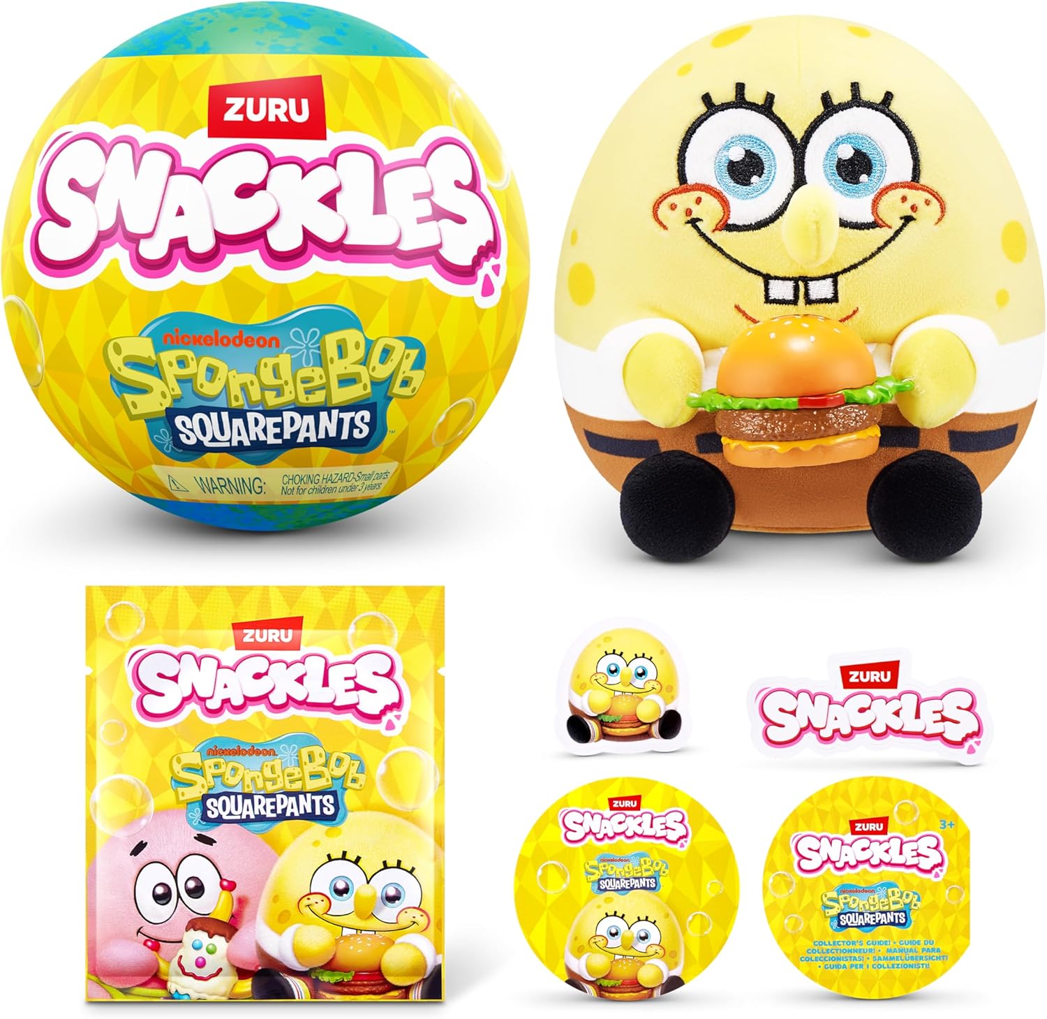 ZURU Snackles Spongebob Squarepants Plush Toy With Snack Accessory - 12.7 cm - Style May Vary - 1 Pc