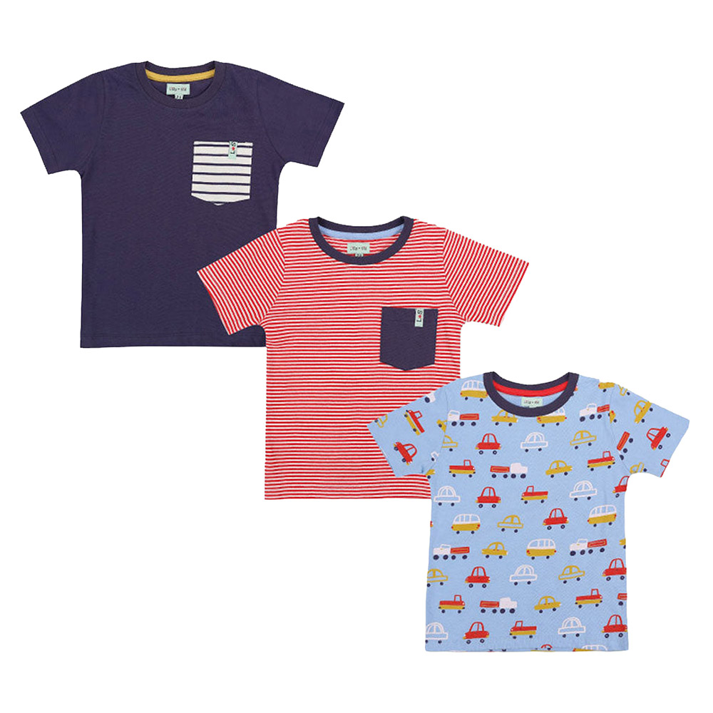 Lilly & Sid Boy's Car, Stripe Print & Plain T-Shirts - 3 Pcs