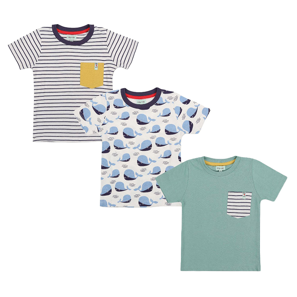 Lilly & Sid Baby Boy's Whale, Stripe Print & Plain T-Shirts - 3 Pcs