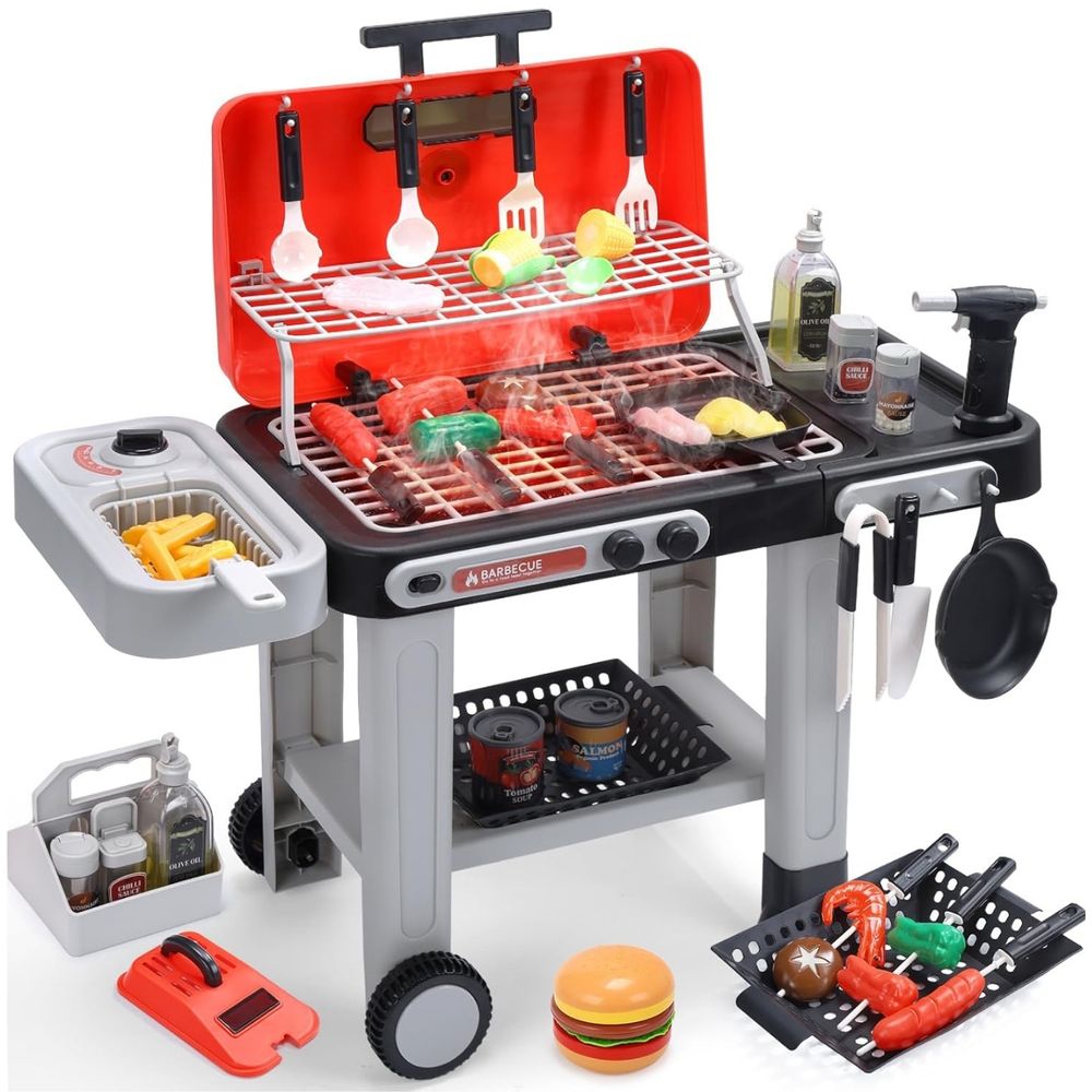 Little Angel - Kids BBQ Grill Playset With Food & Accessories - Red