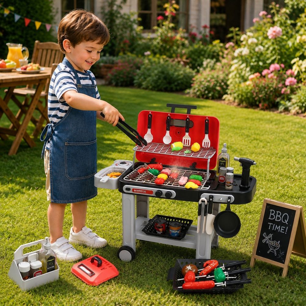 Little Angel - Kids BBQ Grill Playset With Food & Accessories - Red