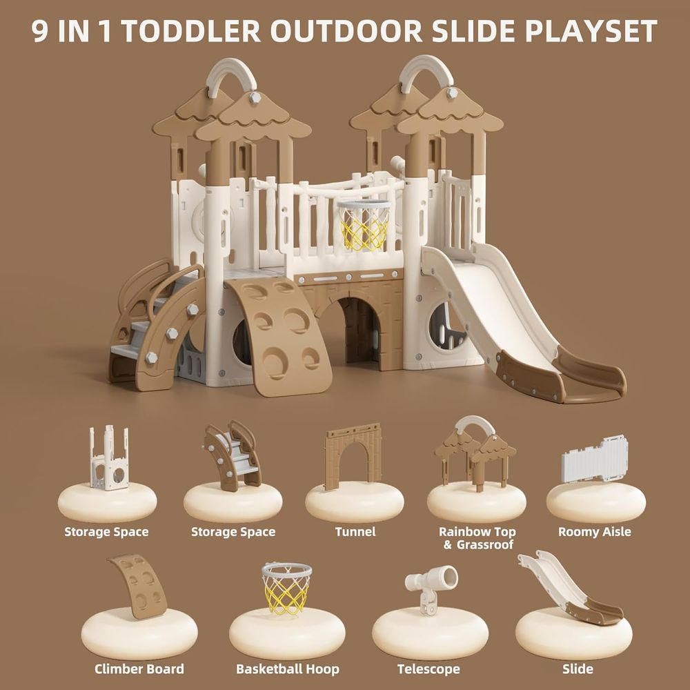 Little Angel Kids Activity Centre With Slide, Hoop & Climber - Coffee