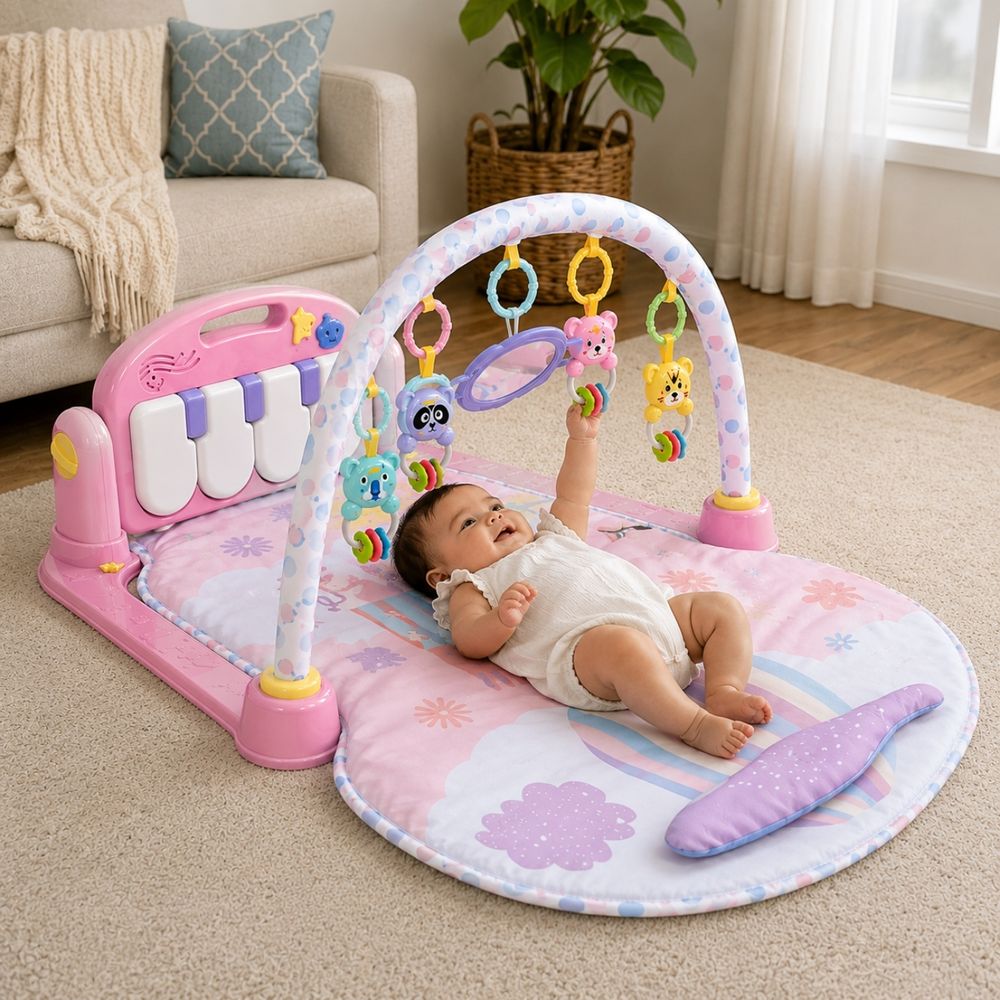 Huanger - Baby Play Mat Gym With Piano & Hanging Rattle Toys - Pink