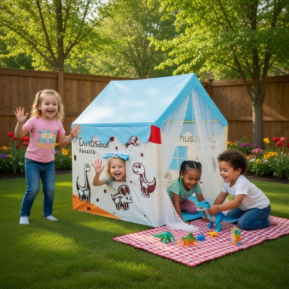 Little Angel - Kids Play Tent House With Curtains - Dinosaur Theme