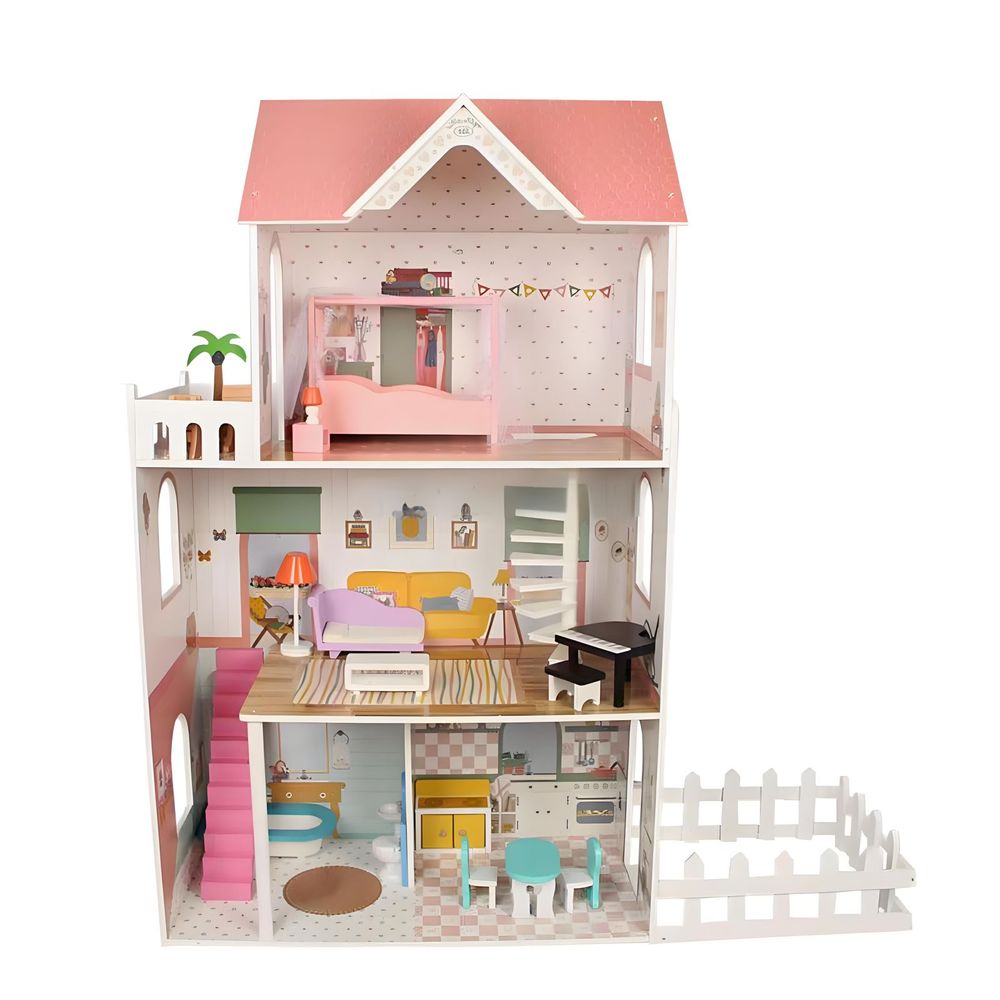 Little Angel Kids Wooden Furnished Doll House Playset - Pink