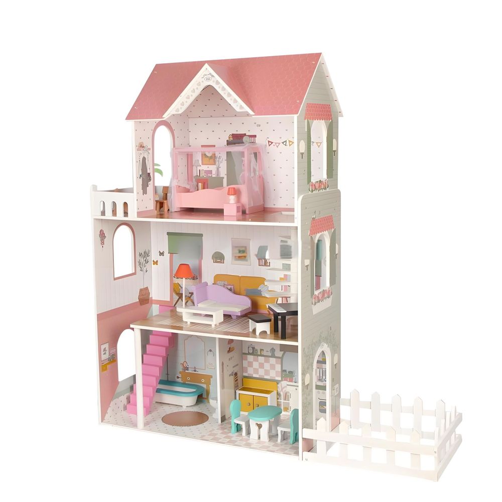 Little Angel Kids Wooden Furnished Doll House Playset - Pink