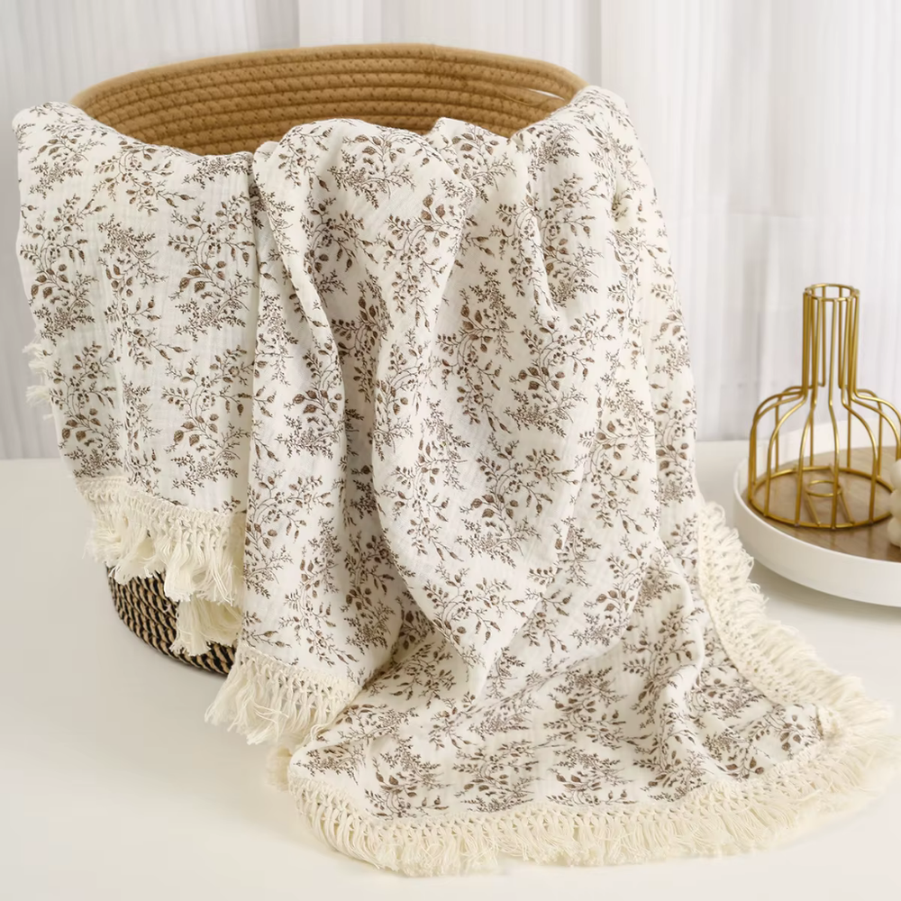 White&Grey - Soft Muslin Baby Blanket - Leaves