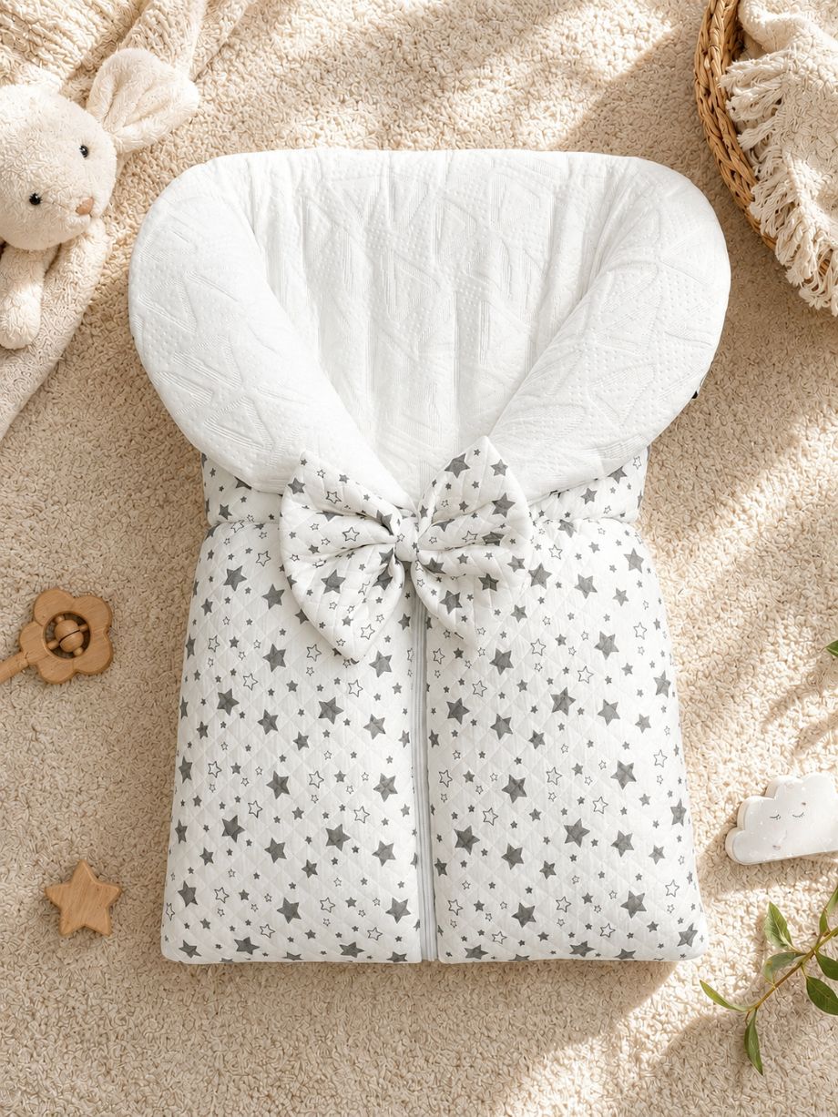 White&Grey - Baby Sleeping Bag With Bow - Star