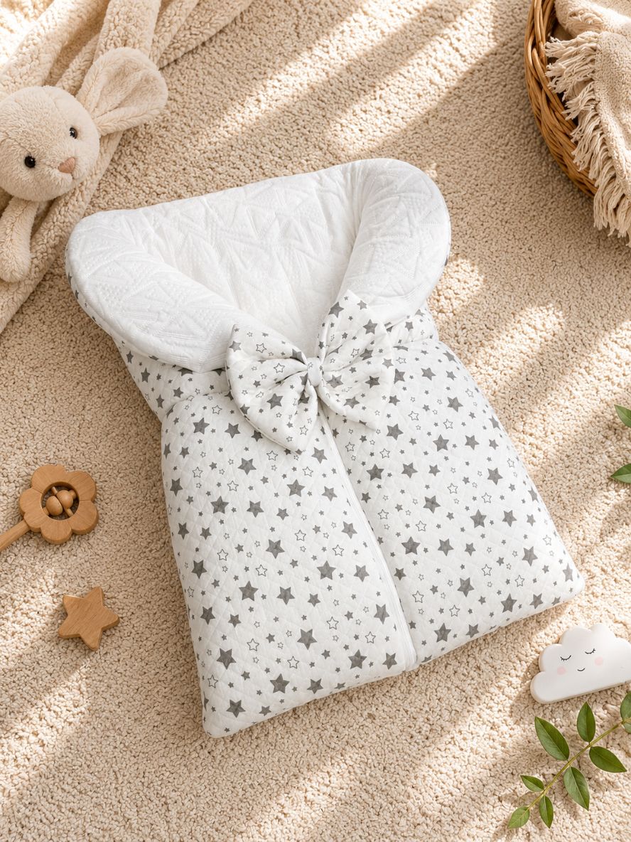 White&Grey - Baby Sleeping Bag With Bow - Star