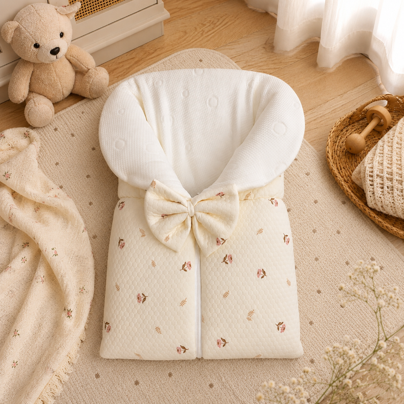 White&Grey - Baby Sleeping Bag With Bow - Dusty Rose