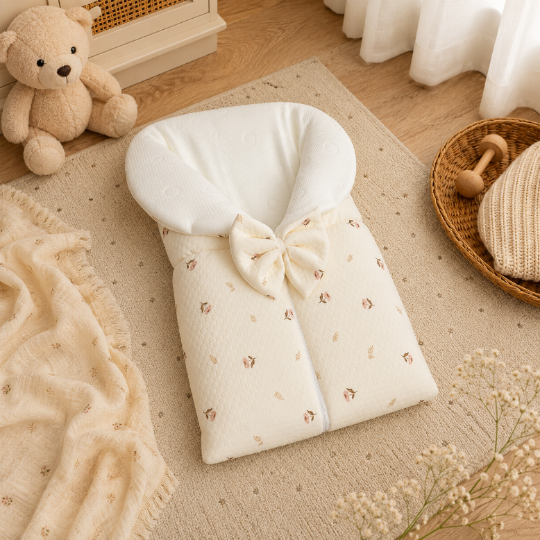 White&Grey - Baby Sleeping Bag With Bow - Dusty Rose