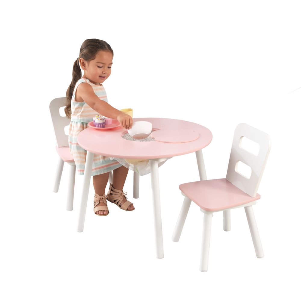 KidKraft - Round Storage Table & 2 Chair Set - White & Pink