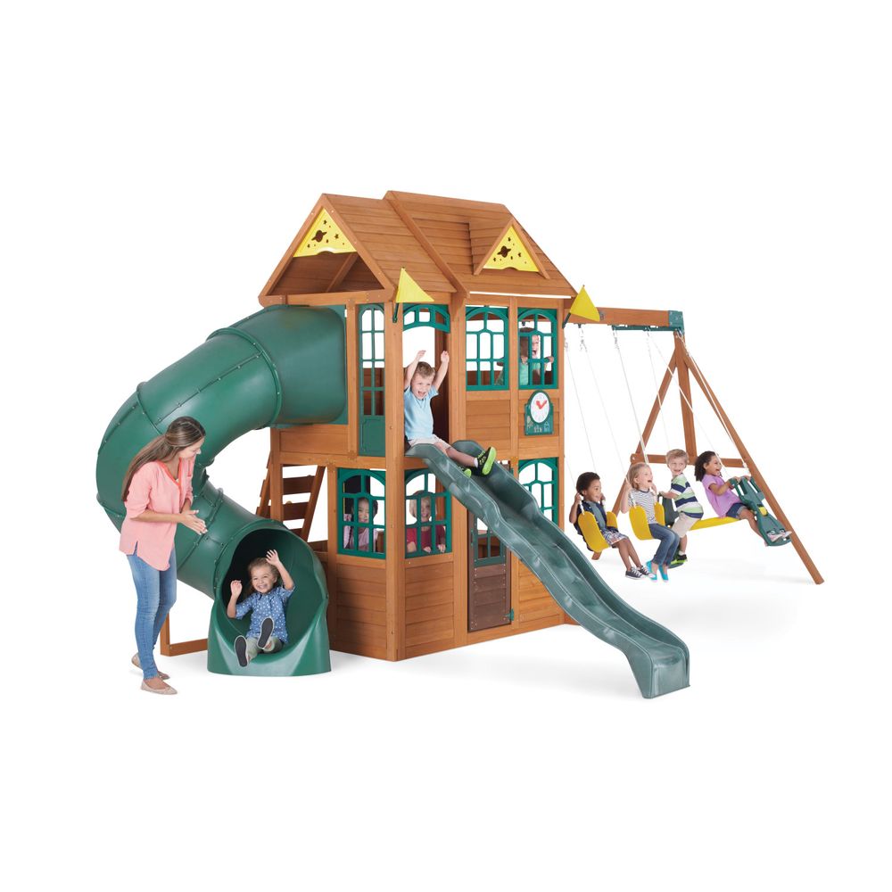 KidKraft - Charleston Lodge Wooden Outdoor Swing Set - Multicolor