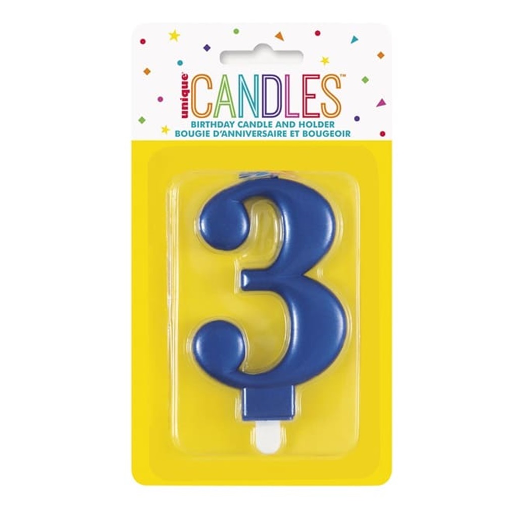 Unique - Number 3 Birthday Candle - Blue