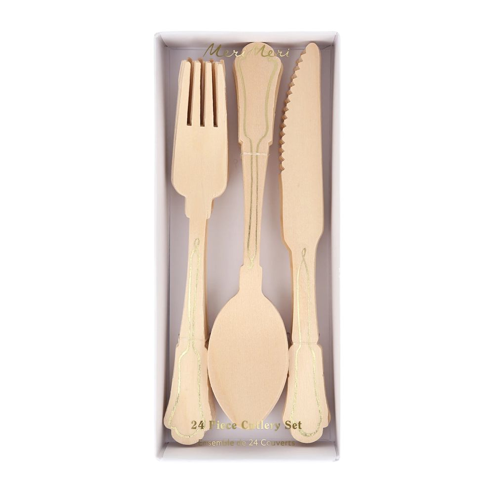 Meri Meri - Elegant Gold Foil Detail Wooden Cutlery Set - Beige - 24 Pcs