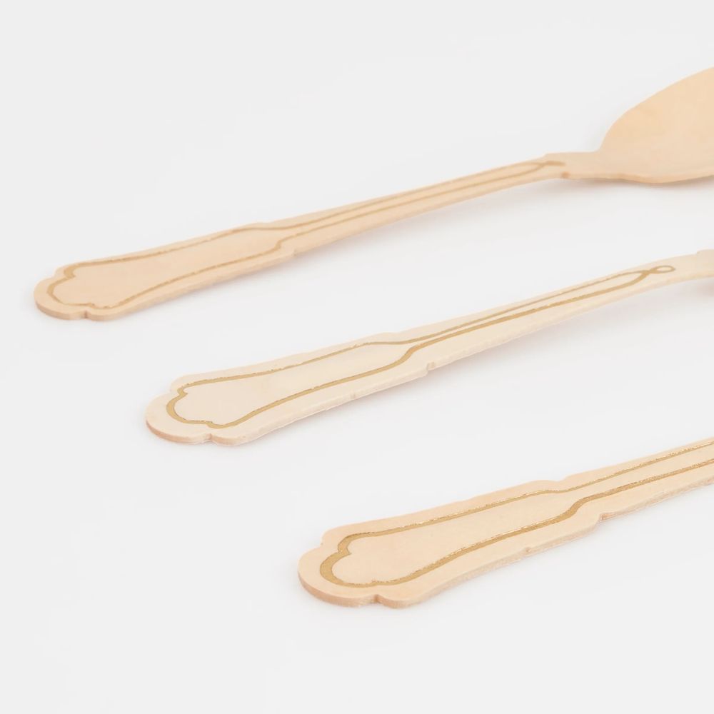 Meri Meri - Elegant Gold Foil Detail Wooden Cutlery Set - Beige - 24 Pcs