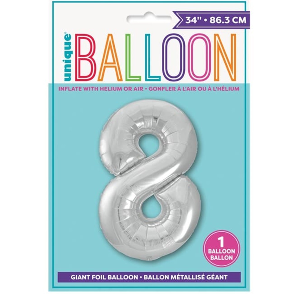 Unique - Number 8 Foil Balloon - Silver - 34-Inch