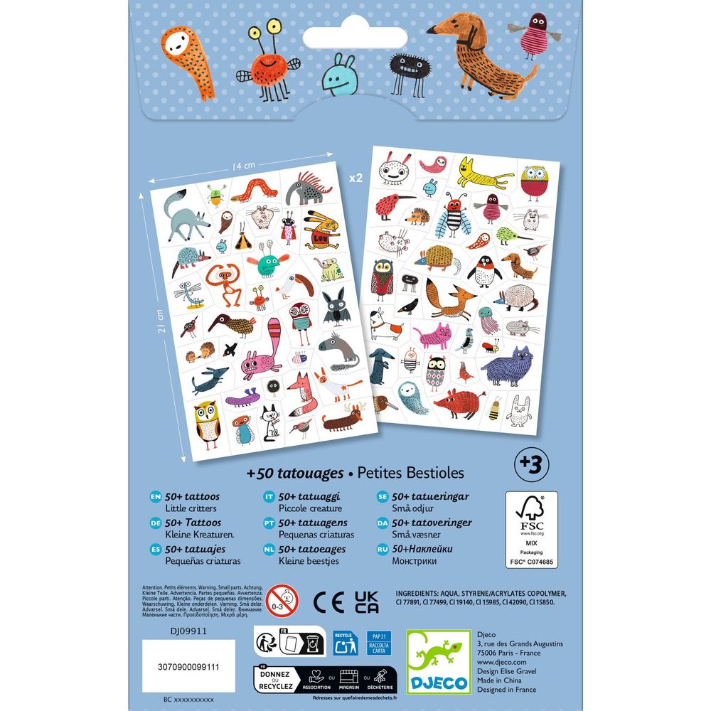 Djeco - Little Critters Temporary Tattoo Sheets - Multicolor - 2 Pcs