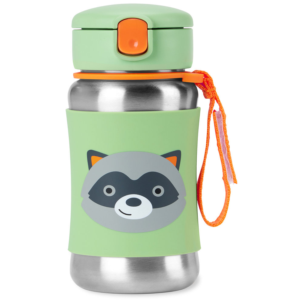 Skip Hop - Zoo Kids Water Bottle, Stainless Steel Straw Bottle - Racoon