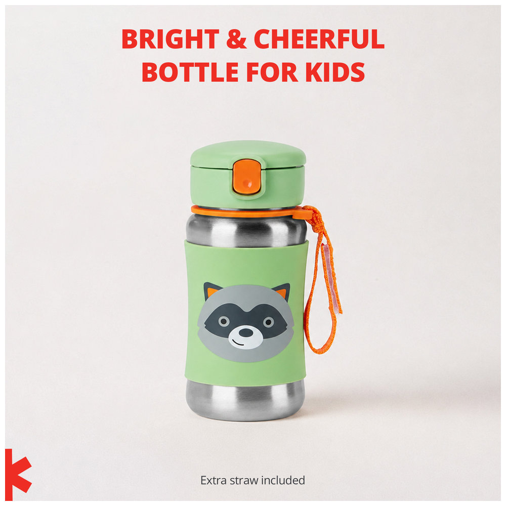 Skip Hop - Zoo Kids Water Bottle, Stainless Steel Straw Bottle - Racoon