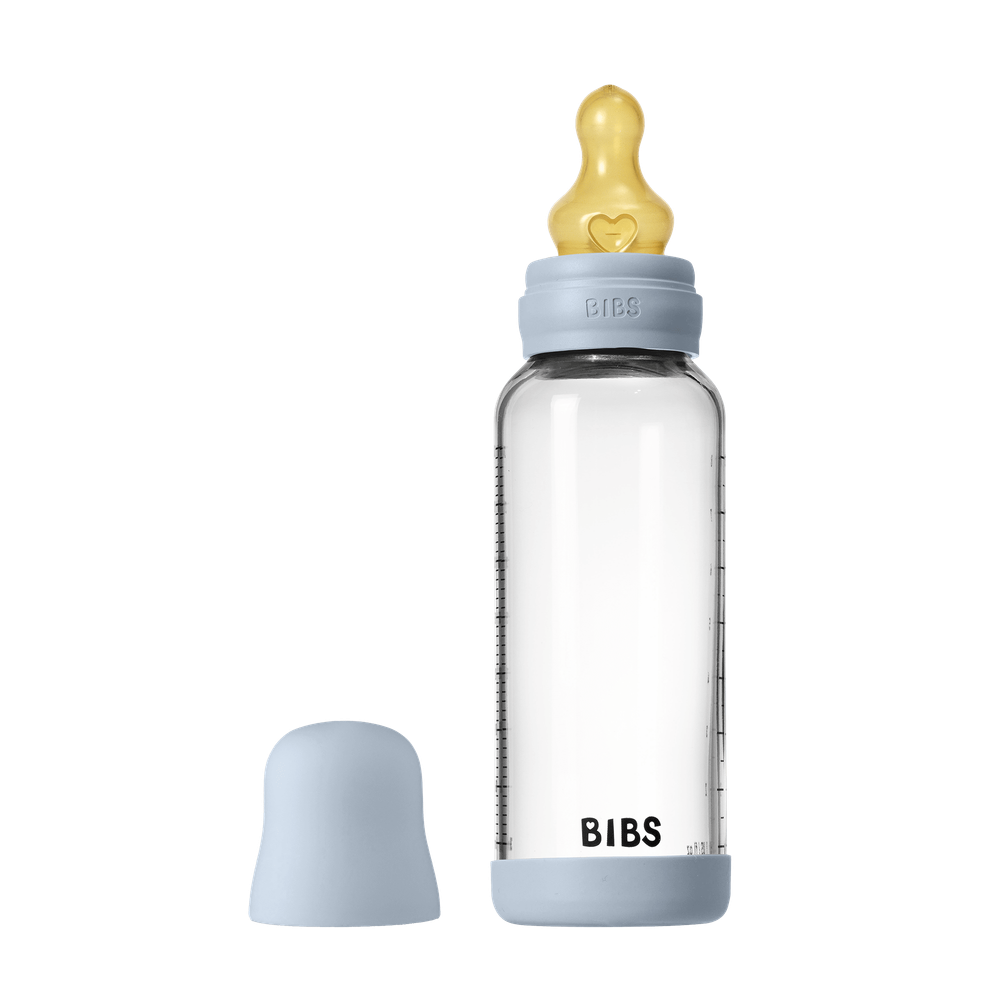 Bibs - Round Latex Medium Flow Glass Baby Bottle - Baby Blue - 240 ml