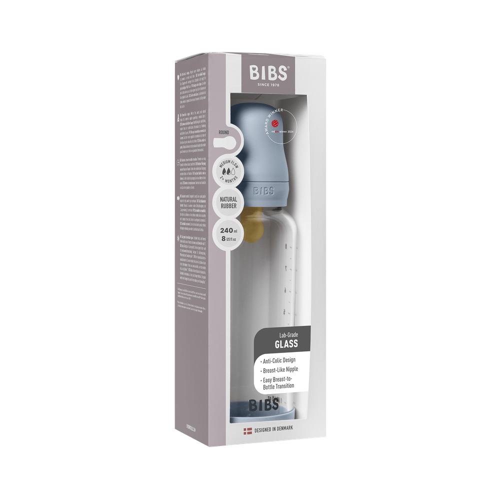 Bibs - Round Latex Medium Flow Glass Baby Bottle - Baby Blue - 240 ml