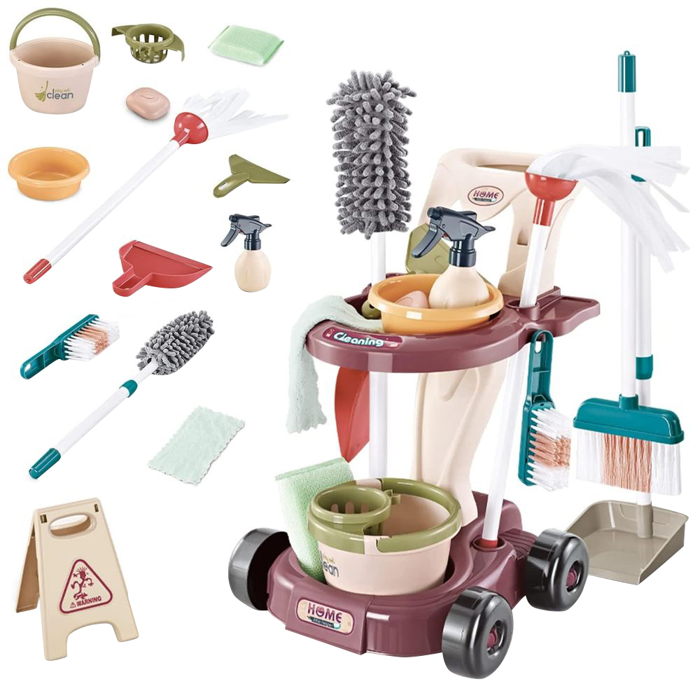 Little Angel Kids Toys Cleaning Trolley Set With Mop & Tools