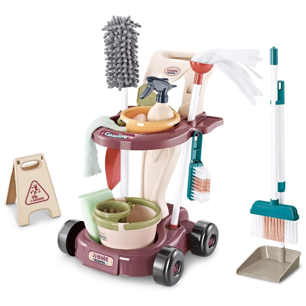 Little Angel Kids Toys Cleaning Trolley Set With Mop & Tools