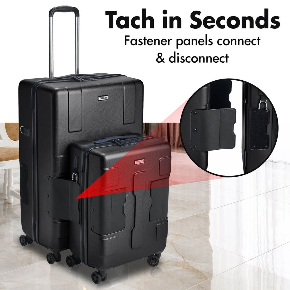 TACH Luggage - Hard Shell Large+Carry-On Connectable Luggage - 2 Pcs - 28/20 Inches - Black