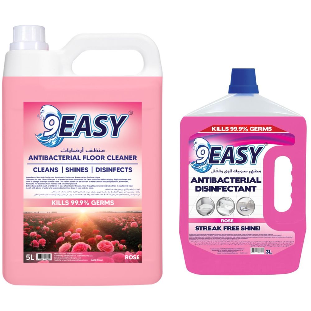 9Easy - Antibacterial Disinfectant - 3L + Floor Cleaner - 5L - Rose